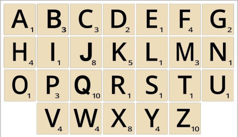 May include: A set of 26 Scrabble tiles, each with a letter of the alphabet and a point value. The tiles are beige with black letters and numbers.