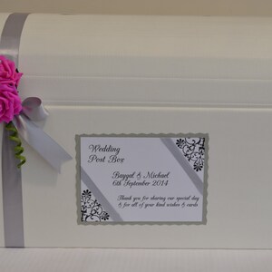 Personalised wedding card chest post box lots of colours with ribbon and rose decoration image 5