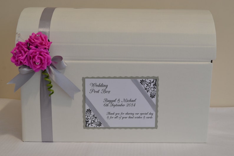 Personalised wedding card chest post box lots of colours with ribbon and rose decoration image 5