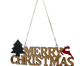Merry Christmas wooden hanging sign decoration 25cm with tree and reindeer