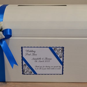 Personalised wedding card chest post box lots of colours with ribbon and rose decoration image 2