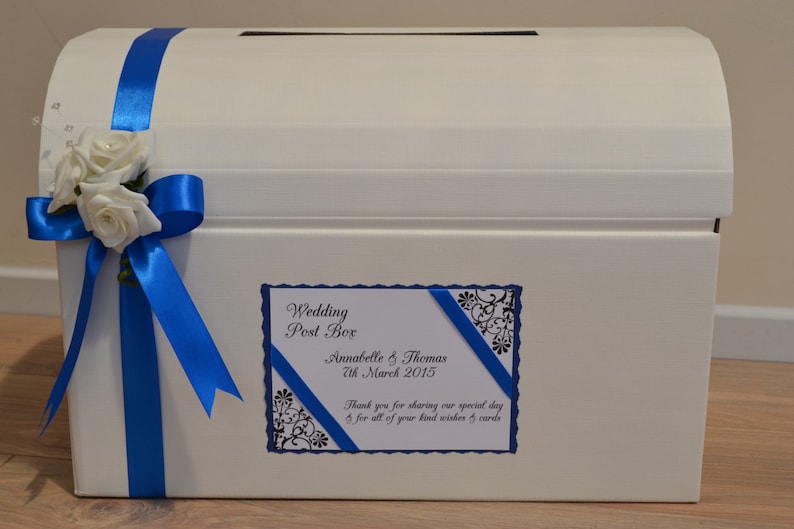 Personalised wedding card chest post box lots of colours with ribbon and rose decoration image 2