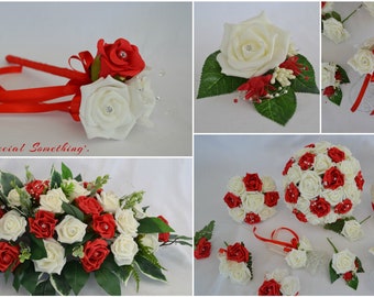 Beautiful red wedding posy bouquet buttonholes bridesmaids wand corsage table arrangement