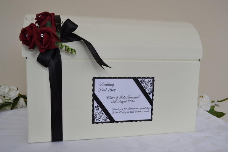 Personalised wedding card chest post box lots of colours with ribbon and rose decoration image 3