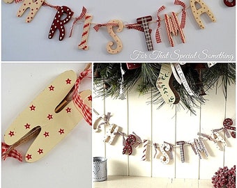 Christmas Bunting Garland approx 70cm long. Shabby Chic, Wooden, gingham ribbon