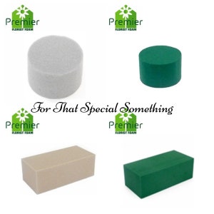 May include: Four floral foam blocks in different shapes and sizes. Two are round, one is rectangular, and one is a brick shape. The foam blocks are in two colours: green and beige. The blocks are labelled "Premier Florist Foam".