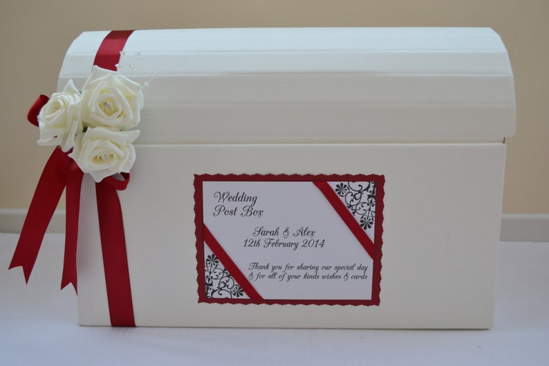 Personalised wedding card chest post box lots of colours with ribbon and rose decoration image 1