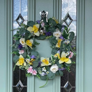 Mother&#39;s Day Gift Beautiful spring floral with artificial flowers daffodils, eucalyptus and other greenery