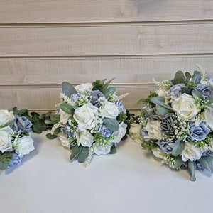 Bespoke Wedding Bouquet. Bridesmaid and bridal bouquets buttonholes in blue & grey with eucalyptus, lambs ear gypsophila baby's breath