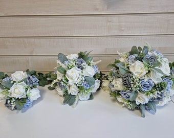 Bespoke Wedding Bouquet. Bridesmaid and bridal bouquets buttonholes in blue & grey with eucalyptus, lambs ear gypsophila baby's breath