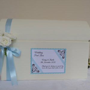 Personalised wedding card chest post box lots of colours with ribbon and rose decoration image 4