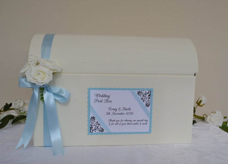 Personalised wedding card chest post box lots of colours with ribbon and rose decoration image 4