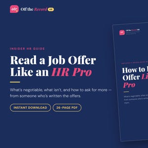 May include: A dark blue digital guide titled Read a Job Offer Like an HR Pro, featuring white and pink text. The document includes an insider HR guide, a 26-page PDF label, and an instant download button. The design is clean and professional.