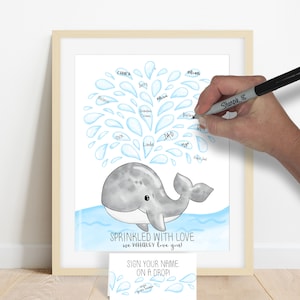 Image of a digital watercolor painting of a gray whale with droplets of water above for friends and family to add a signature to. This image shows an example of someone adding their signature to a water droplet