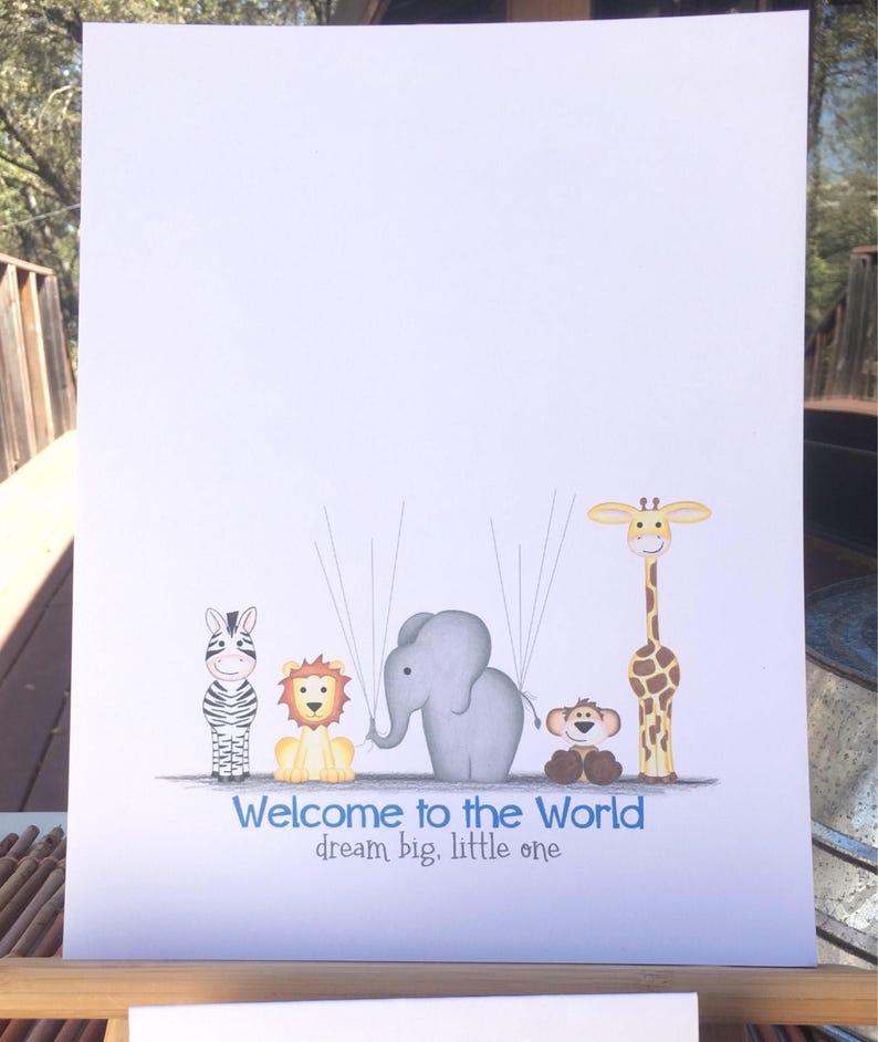zebra INSTANT DOWNLOAD 8x10 fingerprint guestbook featuring jungle animals holding balloon strings lion monkey and giraffe zoo elephant