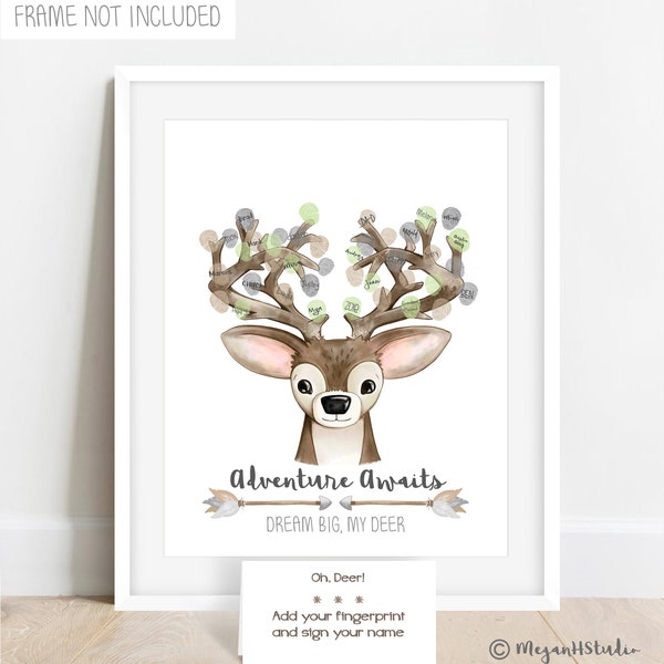 INSTANT DOWNLOAD Gender Neutral Baby Shower Deer Fingerprint Tree, Antlers and Arrows, Desert Thumbprint Guestbook Alternative, Deer Head