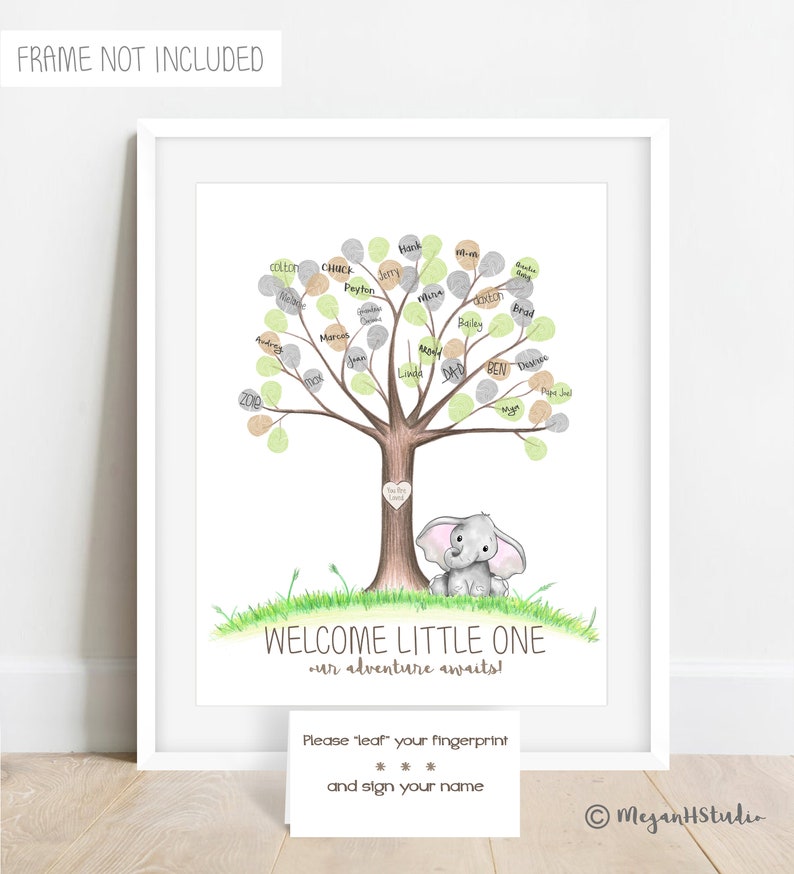 Elephant baby shower thumbprint tree, watercolor elephant nursery wall art, safari guestbook alternative fingerprint tree, baby shower ideas image 2