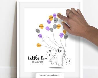 Little Boo Ghost Halloween Baby Shower Fingerprint Tree Poster, Thumbprint Guestbook Alternative Spooky Keepsake Art