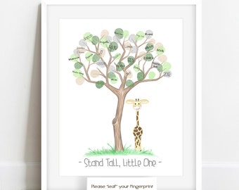 INSTANT DOWNLOAD stand tall little one, giraffe themed baby shower fingerprint guest book alternative, gender neutral thumb print poster zoo