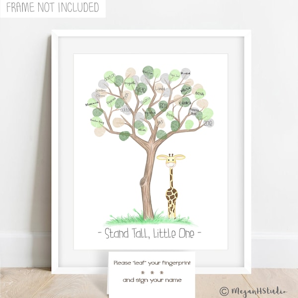 INSTANT DOWNLOAD stand tall little one, giraffe themed baby shower fingerprint guest book alternative, gender neutral thumb print poster zoo