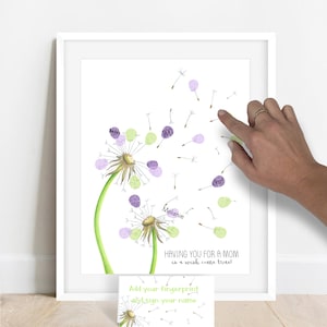 image of a fingerprint being added using stamp pad ink to art print of hand drawn dandelions to fill in the seeds as a mother's day gift with text having you for a mom is a wish come true, fingerprint dandelion gift for mom, meganhstudio