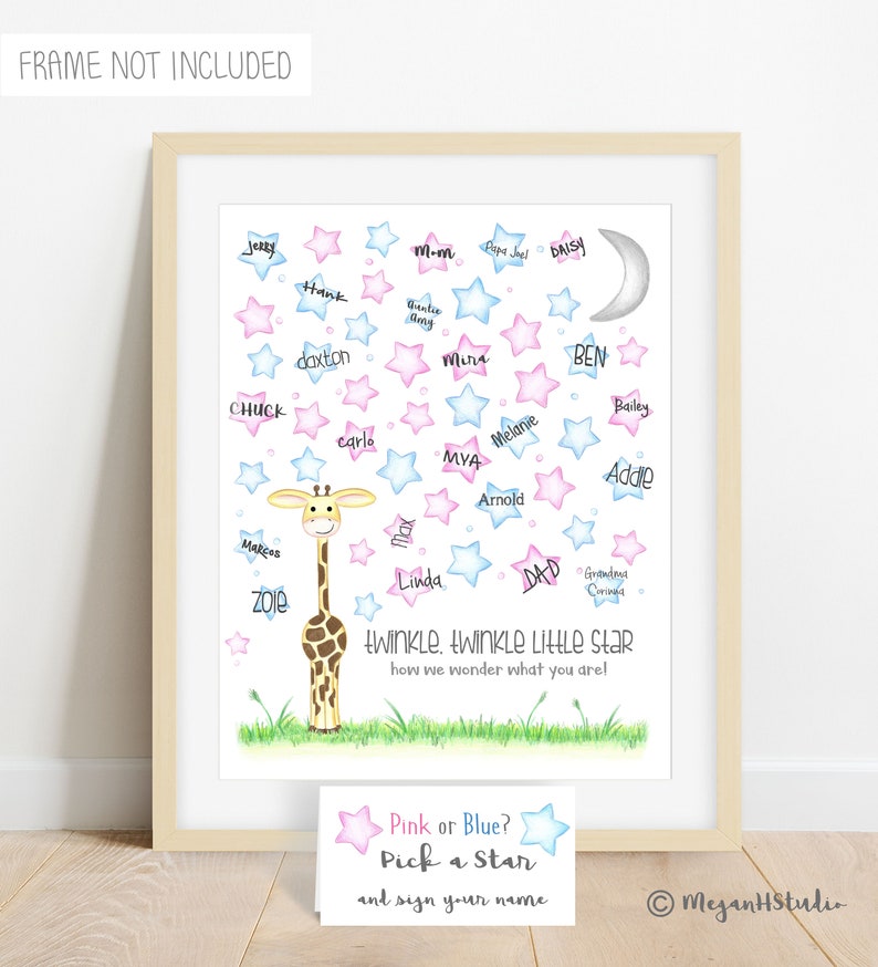 INSTANT DOWNLOAD Giraffe gender guess signature poster, guess the gender ideas, gender reveal party safari, twinkle little star baby reveal image 1