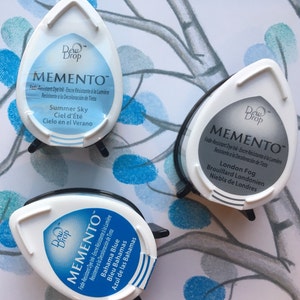 lot de 3 tampons encreurs Memento bleus et gris, tampons encreurs goutte de rosée memento, tampons encreurs pour empreintes digitales, mini tampon encreur arbre à empreintes digitales bleu et gris