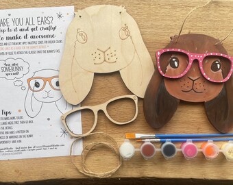 Lop Eared Bunny Craft Kit, Paint Your Own Rabbit with Glasses, Wooden Bunny Paint Kit, Easter Craft for Kids and Adults, Spring Craft Ideas