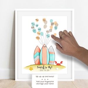 guest at a beach themed baby shower or birthday party adds their fingerprint to this surfboard art print to create balloons on the illustrated balloon strings. surf party, beach party ideas, kids party decor