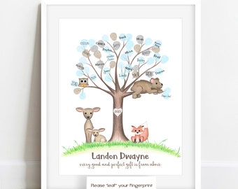 More than I can bear Fingerprint tree, woodland baby shower ideas, gender neutral, bear nursery print, forest animal baby shower, thumbprint