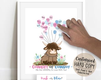 Personalized Highland Cow Gender Reveal Party Fingerprint Tree Art | Farm Animal Cowboy or Cowgirl Guestbook Alternative