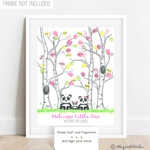 May include: A framed print featuring a whimsical illustration of a family of pandas beneath birch trees with colorful leaves. The text "Welcome Little One, You Are So Loved" is displayed. Includes a card that says "Please 'leaf' your fingerprint and sign your name."
