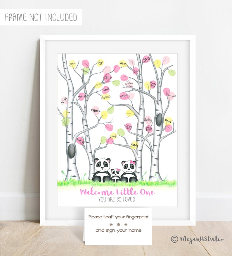 May include: A framed print featuring a whimsical illustration of a family of pandas beneath birch trees with colorful leaves. The text "Welcome Little One, You Are So Loved" is displayed. Includes a card that says "Please 'leaf' your fingerprint and sign your name."