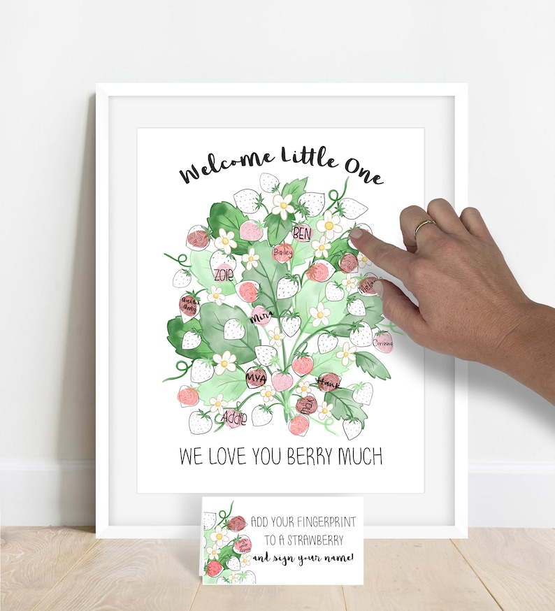 INSTANT DOWNLOAD We Love You Berry Much Strawberry Fingerprint Poster, Summer Fruit Baby Shower, Strawberry Baby Shower, Fingerprint Tree image 1