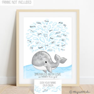 Image of a hand drawn digital watercolor painting of a gray whale with droplets of water above for friends and family to add a signature to. This image shows an example of the finished product with signature included