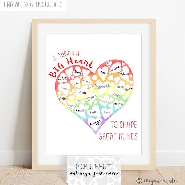 INSTANT DOWNLOAD Teacher thank you gift ideas, teacher appreciation heart signature poster, gift from class, teacher gift ideas sign a heart