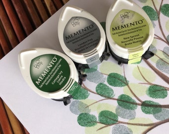 set of 3 Memento stamp pads in light green, grey and dark green, memento dew drop stamp pads,  fingerprint ink pads, fingerprint tree mini