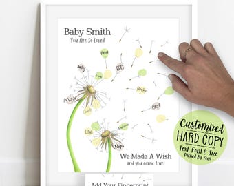Gender Neutral Dandelion Fingerprint Guestbook Alternative, Custom Baby Shower Thumbprint Tree Keepsake, Wish Come True Garden Art Sign