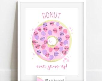 INSTANT DOWNLOAD girl's fingerprint donut poster, girl's thumbprint tree, donut birthday party decorations, donut ever grow up, grown up