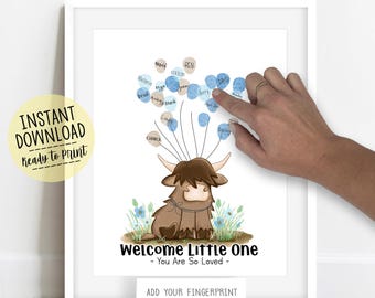 Boy's Highland Cow Baby Shower Fingerprint Tree Poster, Farm and Western Guestbook, Little Cowboy Nursery Decor Instant Download