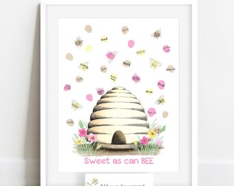 INSTANT DOWNLOAD Girl's Sweet as can BEE boho baby shower ideas, beehive baby shower, bumble bee baby shower, fingerprint guestbook alt