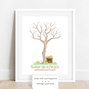 INSTANT DOWNLOAD Sweet as a Peach baby shower fingerprint tree, peach illustration, peach birthday party thumbprint tree, peach nursery art image 2