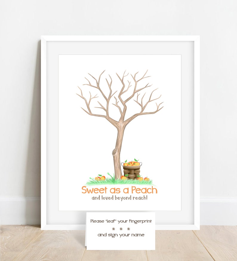 INSTANT DOWNLOAD Sweet as a Peach baby shower fingerprint tree, peach illustration, peach birthday party thumbprint tree, peach nursery art image 2