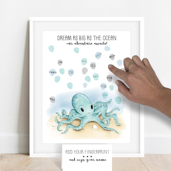 INSTANT DOWNLOAD Octopus Fingerprint Guestbook Alternative, Sea Animal Birthday Party, Nautical Baby Shower, Octopus Nursery Decor