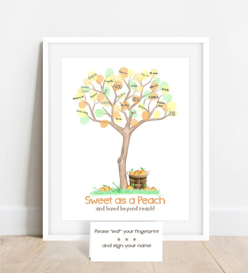 INSTANT DOWNLOAD Sweet as a Peach baby shower fingerprint tree, peach illustration, peach birthday party thumbprint tree, peach nursery art image 5