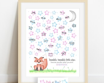 INSTANT DOWNLOAD fox themed gender guess sign, star guestbook alternative, twinkle twinkle little star, how we wonder what you are, woodland
