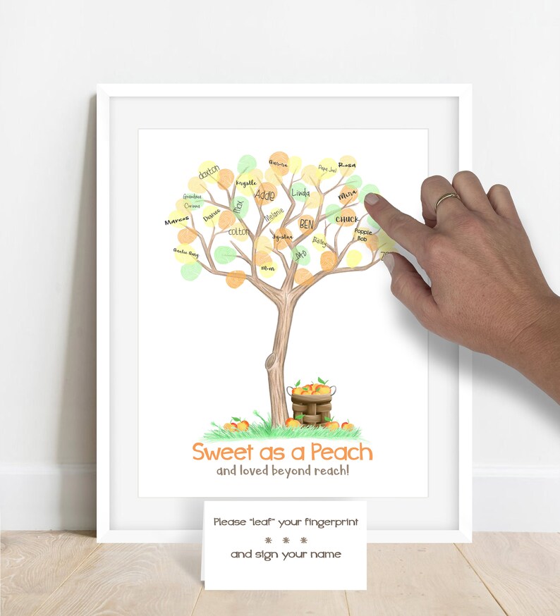 INSTANT DOWNLOAD Sweet as a Peach baby shower fingerprint tree, peach illustration, peach birthday party thumbprint tree, peach nursery art image 3