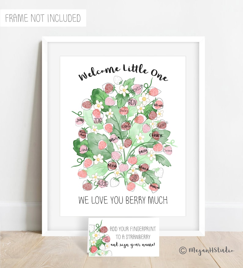 INSTANT DOWNLOAD We Love You Berry Much Strawberry Fingerprint Poster, Summer Fruit Baby Shower, Strawberry Baby Shower, Fingerprint Tree image 2