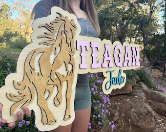 Horse Theme 3D Wooden Name Sign, Layered Wooden Western Decor Nursery, Personalized Baby Shower Gift