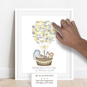 DOWNLOAD IMMEDIATO libro degli ospiti con impronte digitali in mongolfiera, idee per baby shower nella giungla di genere neutro, albero delle impronte digitali per baby shower safari nella giungla